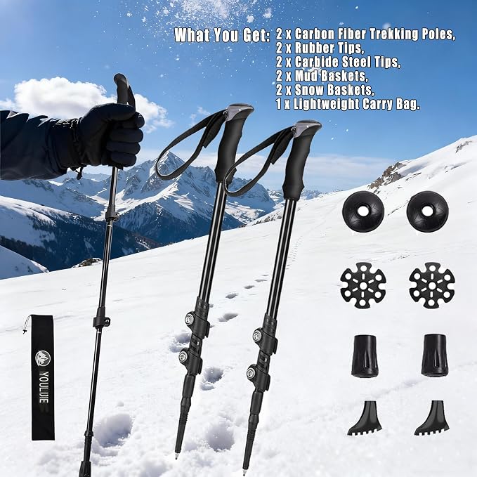 Ultralight 7.6oz 100% Carbon Fiber Trekking Poles, 2-Pack Collapsible Anti-Shock Hiking Poles with Tungsten Carbide Tips & EVA Foam Grip, Compact for Backpacking, Camping, Mountaineering