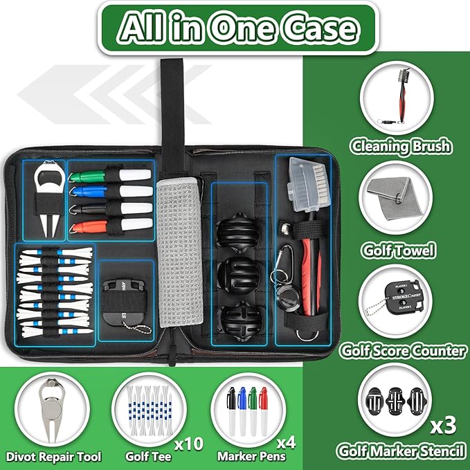 Golf Accessories for Men Women, Golf Gift Stuff with Hi-End Case, Golf Tees, Golfeball Marker, Golfer Towel, Club Brush, Divot Repair Tool, Stroke Counter and Marker Pens for Any Golf Fan, Souvenir