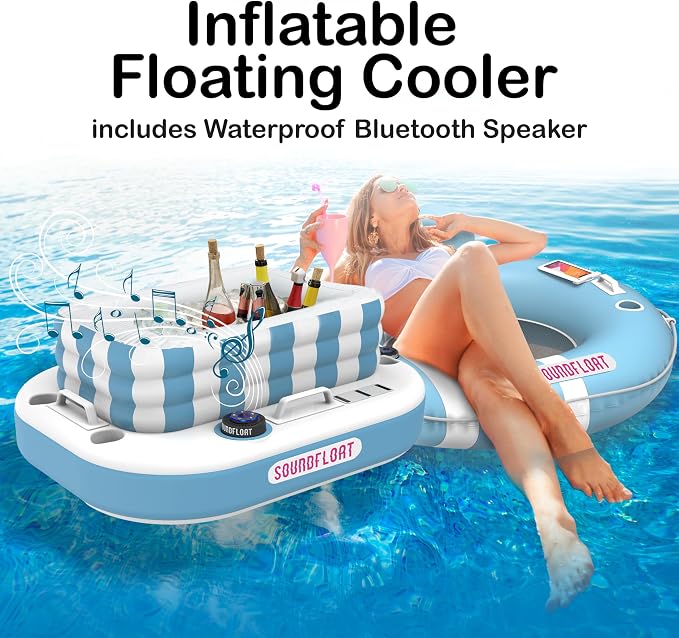Inspired Living Inflatable Cooler with Lid, Bluetooth 5 IPX7 Waterproof Speaker, 6 Cup Holders, 24 Can Capacity, Floating Pool Bar, Durable Handles, Beach Party, Pool Accessories for Adults,