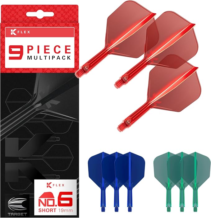 Target Darts K-Flex Integrated Dart Flights and Shafts, No.6, Kflex 9 Pack Bundle, K Flex 3 Colours | Black, White, Clear, Red, Green, Blue, Pink, Orange, Yellow | Short, Intermediate, Medium