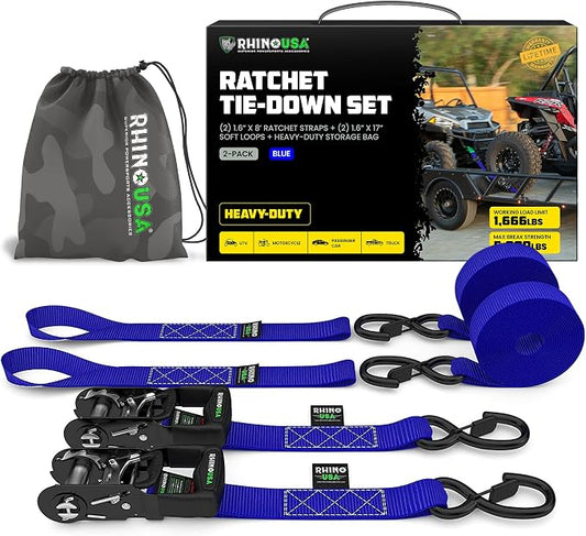 Rhino USA Ratchet Straps Heavy Duty Kit (2-Pack) - 1.6 Inch x 8 Feet Min Break Strength (5,000) - Ultimate Tie Down Straps with Safety S Hooks for Trucks, ATV, UTV, Motorcycle, Cargo & More - Blue