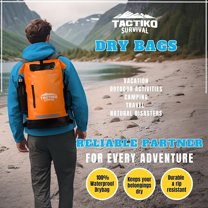 TACTIKO 35L Heavy-Duty 100% Waterproof Backpack, Roll Top Dry Bags for Kayaking, Hiking, Camping, Survival