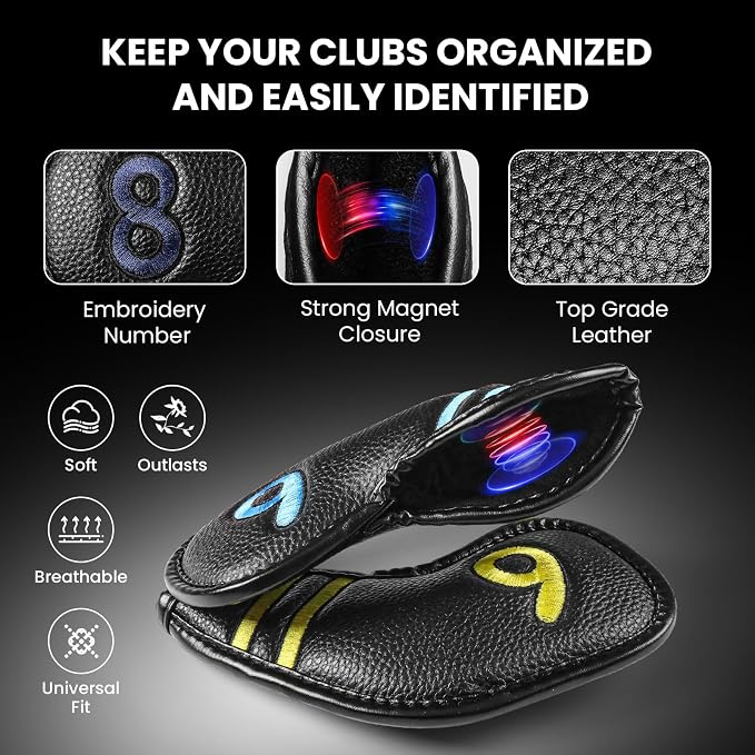 FINGER TEN Magnetic Golf Club Head Covers Value 9 Pack for Iron and Wedge, Premium PU Leather with Double-Sided Colorful Embroidery Label, Stylish Black Covers for Strong Protection