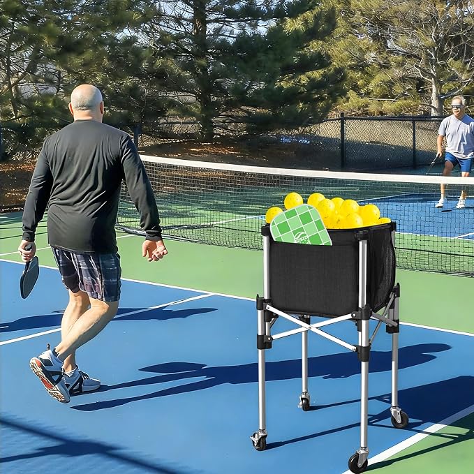 Retractable Pickleball Hopper - Foldable Tennis Ball Basket Ball Candy Upgraded Pickleball Caddy Practice Equipment with Wheels for Training/Teaching
