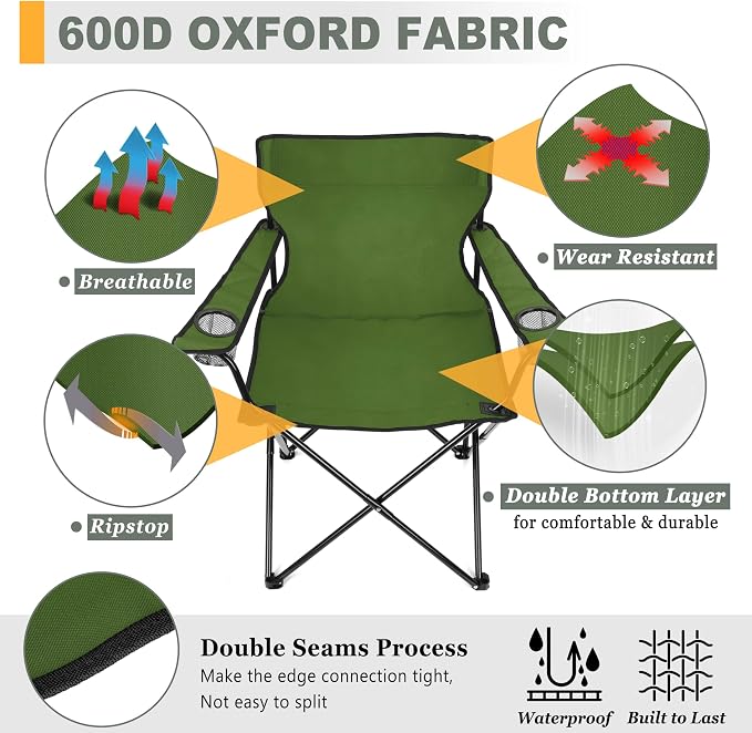Joyfair Portable Camping Chair, Outdoor Lawn Folding Chairs for Adults, Heavy Duty Large Foldable Chairs for Beach, Fishing, Tailgating and More Outdoor Sport, Carry Bag & Cup Holder