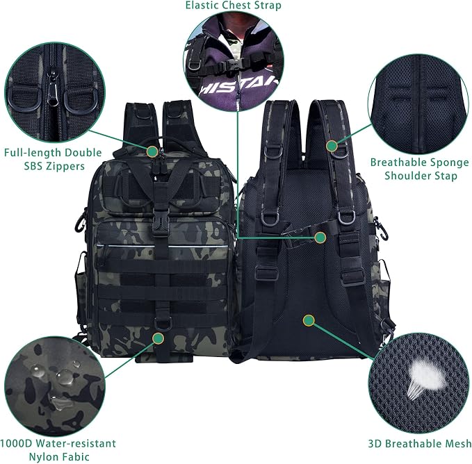 BLISSWILL Outdoor Tackle Bag - Large Water-Resistant Fishing Backpack