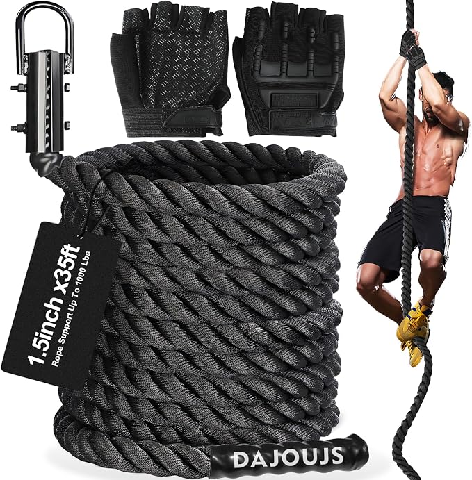 Climbing Rope Gym Workout - 1.5 Inch Dia 10FT 15FT 20FT 25FT 30FT 35FT 40FT 50FT Heavy Duty Work Out Rope Exercise Climbing Ropes for Adults Kids Fitness & Strength Training Outdoor & Indoor - Black