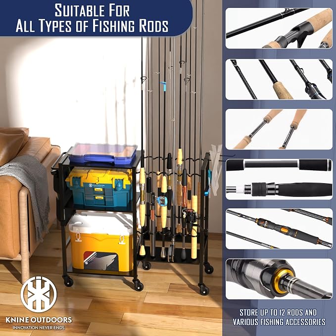 KNINE OUTDOORS Garage Fishing Pole Holders - 12 Rod Holders, 3 Layers of Storage Space for Fishing Gear and Equipment