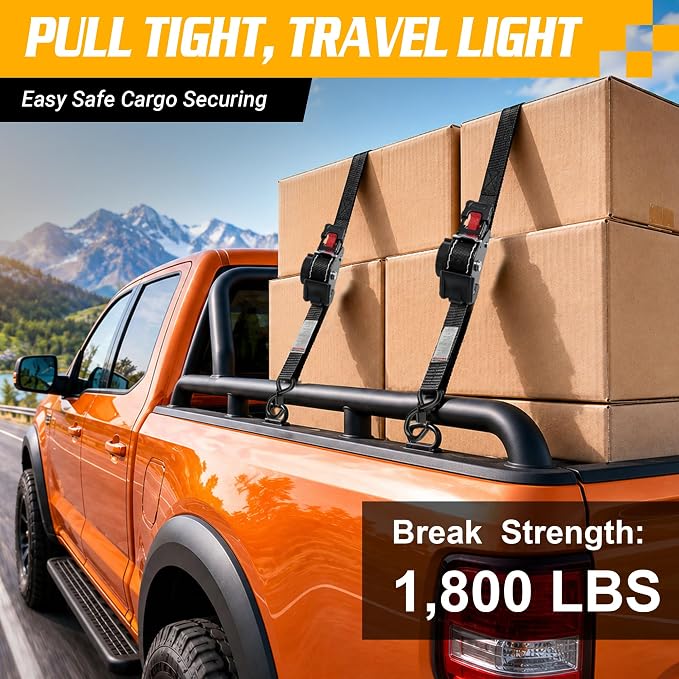 Retractable Ratchet Straps (2-Pack) - 1'' x 11.5' (1,800lb Break Strength) - Heavy Duty Auto Self Retracting Tie Down Straps for Truck, Cargo Trailer, Motorcycle, Rad & More - Black