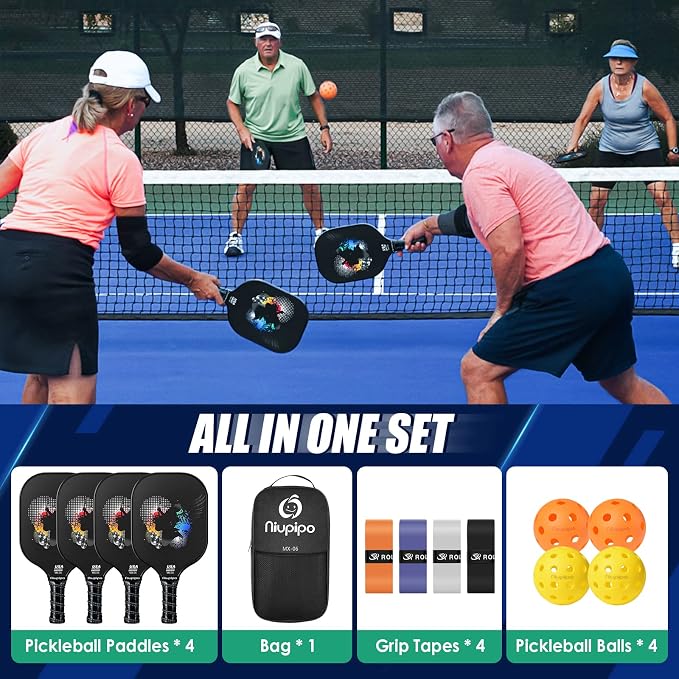 niupipo Pickleball Paddles Set of 2/4/1, USAPA Approved Carbon Fiber & Fiberglass Hybrid, Easy Power, Polypropylene Honeycomb Core, Cushioned 4.72" Grip, Bag/Cover, Pickleball Paddle Set for Men Women