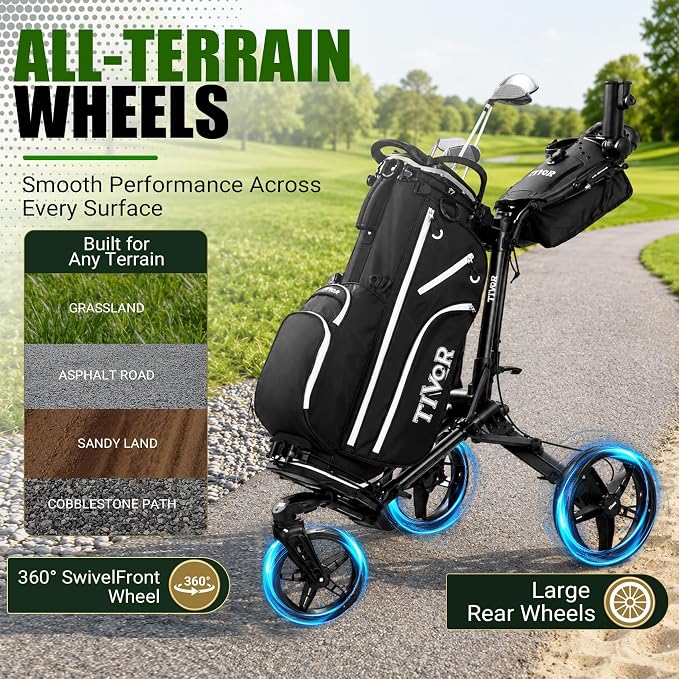 Tivor Golf Push Cart with 360° Front Wheels & Handbrake, 3 Wheel Pull Cart Offers One-Click Folding and All-Terrain Mobility