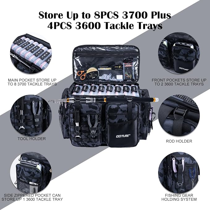 Goture Large Tackle Bag,Store Up to 8PCS 3700 Plus 4PCS 3600 Tackle Trays(Not Included),Water Resistant Saltwater Gear Storage Big Fishing Bag with EVA Bottom,Gifts for Men(21.65"x11.8"x15.16")