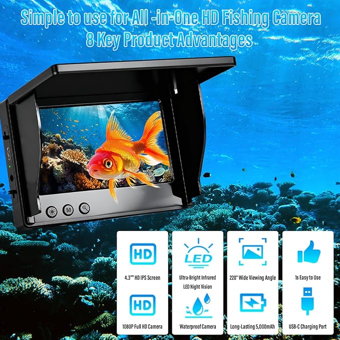 Fishing Camera, 220° Ultra-Wide 1080P HD Underwater Fishing Camera with 4.3" LCD & IR Night Vision, 50ft Cable for Ice Lake Boat Kayak Fishing