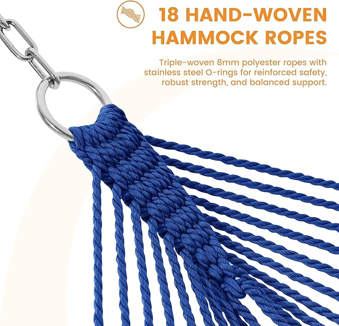 Lazy Daze Hammocks 10.5 FT Double 2 Person Caribbean Rope Hammock, Hand Woven Polyester Hammock with Spreader Bars, for Outside Outdoor Backyard Patio Poolside, 450 LBS Capacity, Blue
