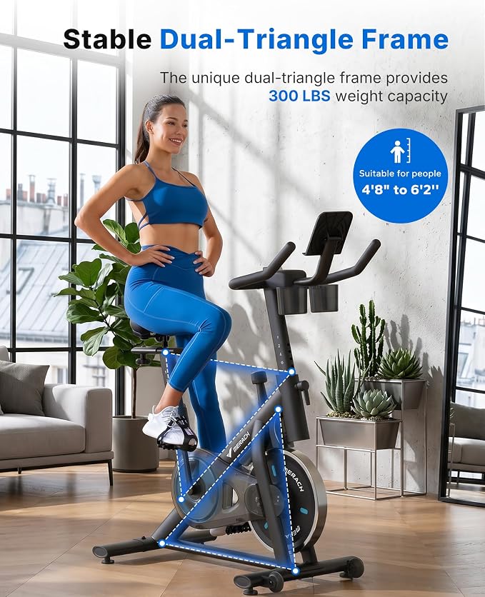 Merach Exercise Bike, Magnetic Friction Stationary Bike with Brake Pad and Exclusive App, Low Noise Indoor Cycling Bike with 300lbs Weight Capacity, Tablet Mount and Fitness Courses for Weight Loss