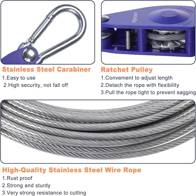 Vigorport Retractable Clothesline Outdoors 3/16" Wire Rope Nylon Coating | Heavy Duty Clothes Line with Blue Dual-Pulley & Clips, Travel Laundry Line, Drying Cable Rope for Outdoor Camping RV Backyard