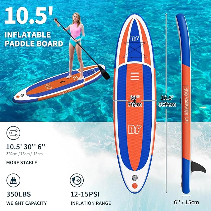 Bifanuo Inflatable Stand Up Paddle Board with SUP Accessories & Backpack. Paddle Boards for Adults. Non-Slip Deck, Wide Stance, Bottom Fin, Double Action Pump.