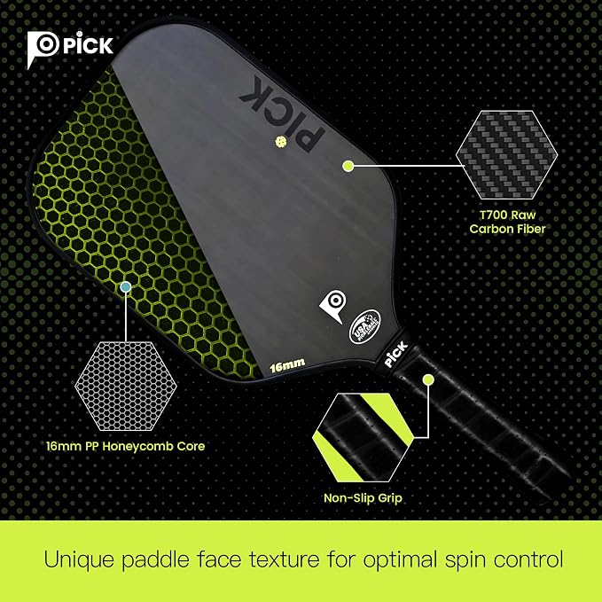 PiCK RP700 Professional Raw Carbon Fiber Pickleball Paddles, 16mm Polypropylene Honeycomb Core Improves Pickle Ball Placement and Control, USA Pickleball Approved (RP700)