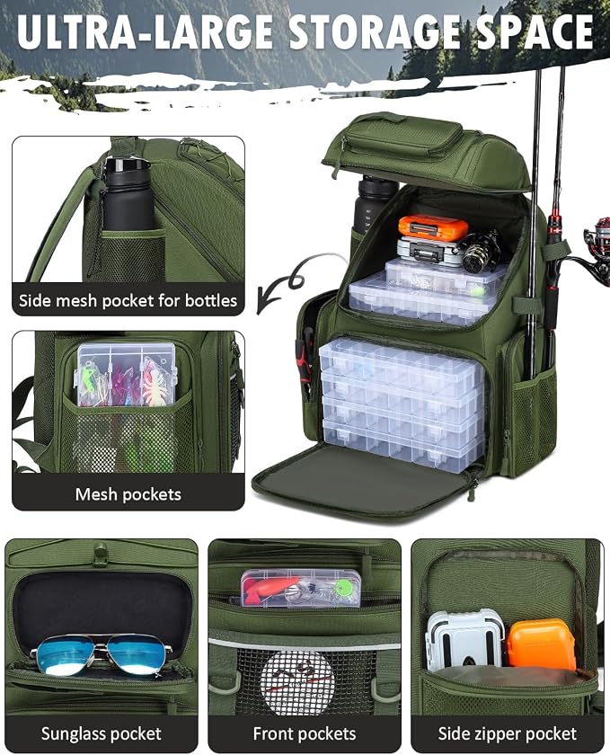 HAMBOLY Fishing Backpack with Tackle Boxes, 50L Fishing Tackle Bag with Cooler & Rod Holders, Waterproof Tackle Bag for Men