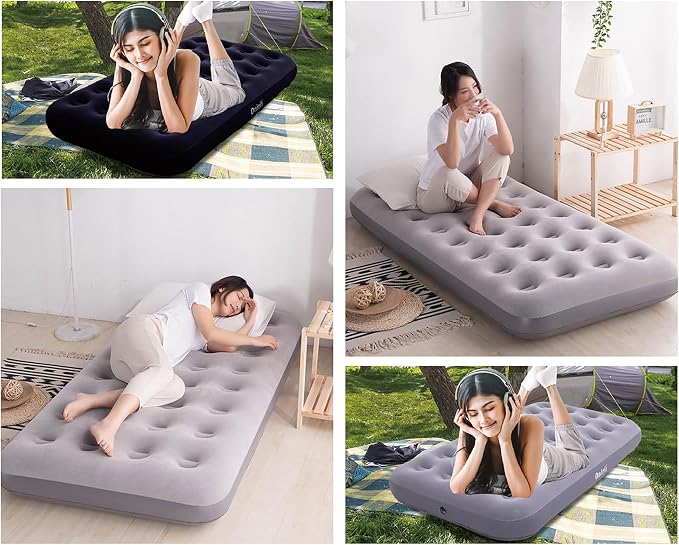 Onirii Twin Size Single Camping Air Mattress Bed with Air Pump | 75"x 39"Thickened Portable Inflatable Mattress Blow Up Air Mattress,Travel Sleeping Bed Pad for Camping Home Hiking(Gray)