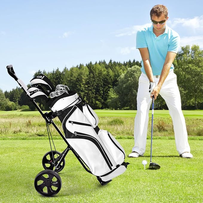 GYMAX Golf Cart, 2 Wheel Golf Push Cart with 9.5” Wear-Resistant Rubber Wheels, Elastic Strap & Scoreboard, Folding Lightweight Portable Golf Caddy Cart for Teens Adults