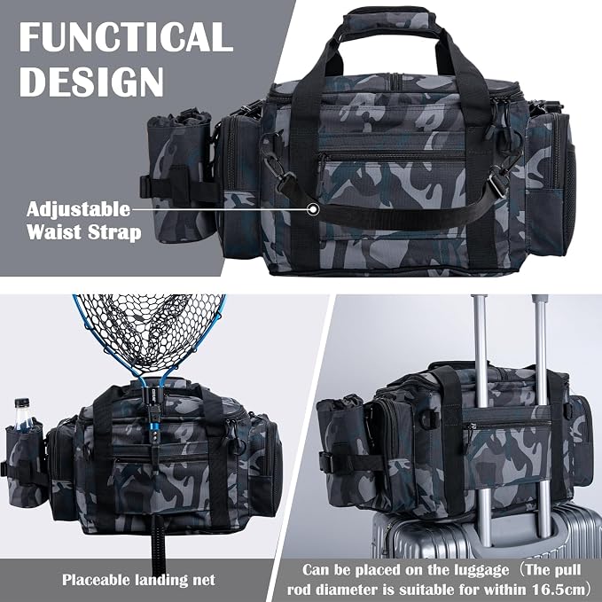 Goture Fishing Tackle Bag with 2PCS 3700 Tackle Boxes | 600D Water-Resistant, Rod Straps, Detachable Bottle Pouch, SBS Zippers, Freshwater & Saltwater Gear Storage Fishing Bag