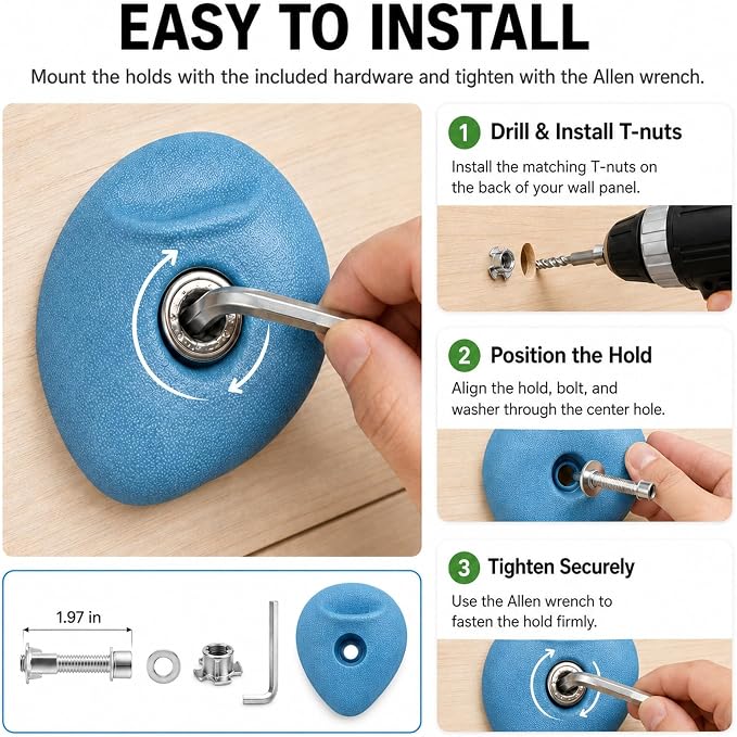 36 Pack Rock Climbing Holds with M10 Hardware, Textured Resin Wall Grips | Assorted shapes for route setting; fits garage & home gym wood walls; 230lb capacity; adult install required