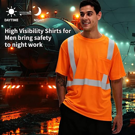 Hi Vis T Shirt Class 3 High Visibility Shirts for Men Safety Shirts with Reflective Strips and Pocket Breathable Construction Work Mesh Short Sleeve