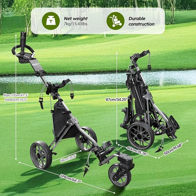 360 Golf Pull Cart: Lightweight Folding Swivel 3 Wheels Golf Caddy with Foot Brake, Cooler Bag, Drink& Umbrella Holder, Gray
