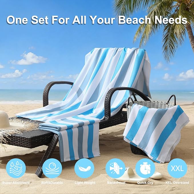 Jessy Home 4 Pack Striped Oversized Beach Towel Set, 40x70 Inch Microfiber Sandproof Quick Dry Super Soft Swim Towels, Absorbent Stylish Pool Towels, Swim Cover Up for Beach Vacation Travel