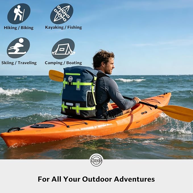 STOVER 55L Waterproof Dry Backpack & Phone Case - 2XL Floating Dry Bag for Kayaking, Travel, Hiking, Fishing, Camping, Motorcycles & Beach, Heavy-Duty Roll Top Men/Women (Navy Blue/Black/Green)
