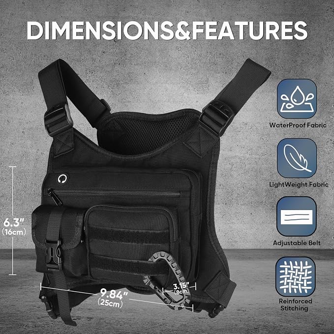 Outdoor Chest Pack for Men Women, 900D Oxford Durable Chest Bag With Detachable Mini Coin Pouch, for Hiking Camping Running Cycling Gym (Black)