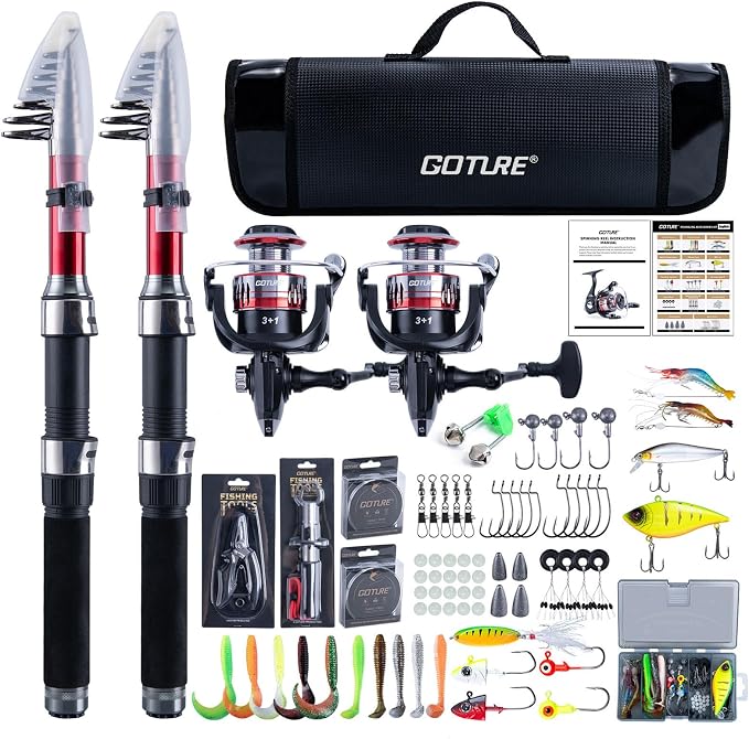 Goture 2-Pack Fishing Rod and Reel Combo with Carrier Bag,1.8M-2.7M | 2PCS Telescopic Fishing Pole,2PCS Spinning Reel,Line,Lures,Pliers,Gripper, for Saltwater and Freshwater Travel,Starter Kit