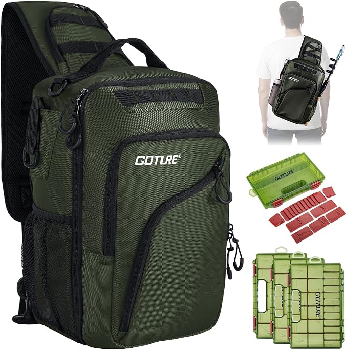 Goture Green Tactical Sling Fishing Bag with Trays, Heavy Duty 1680D Fishing Backpack for Hiking Camping, Adjustable Shoulder Strap with Rod Holder & Tool Pockets, Tackle Box Organizer Bag