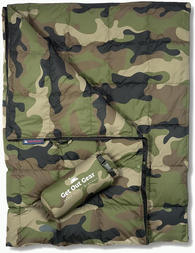 Get Out Gear Down Camping Blanket - Puffy, Packable, Lightweight and Warm | Ideal for Outdoors, Travel, Stadium, Festivals, Beach, Hammock | 650 Fill Power Water-Resistant Backpacking Quilt