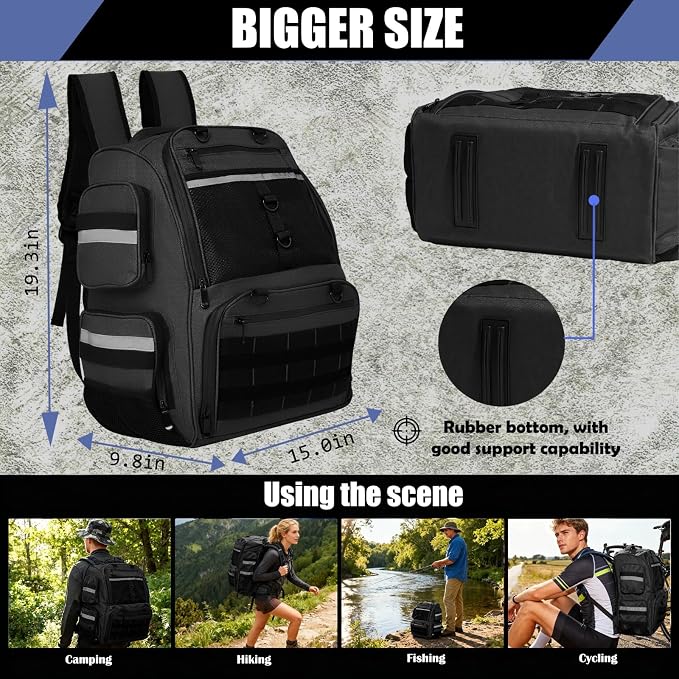 45L Fishing Tackle Backpack with Rod Holders, Waterproof Large Fishing Back Pack Storage Bags & Wraps Gear And Equipment for Men for Camping Hiking, Bottle Holder