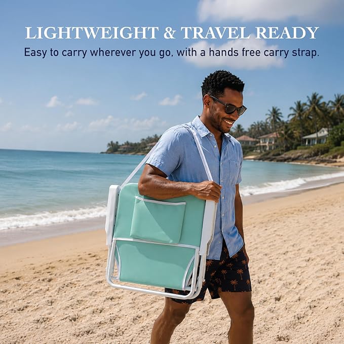 CARIBBEAN JOE Folding Beach Chair, 1 Position Lightweight and Portable Foldable Outdoor Camping Accessories with Carry Strap (Mint, 225lbs Capacity)