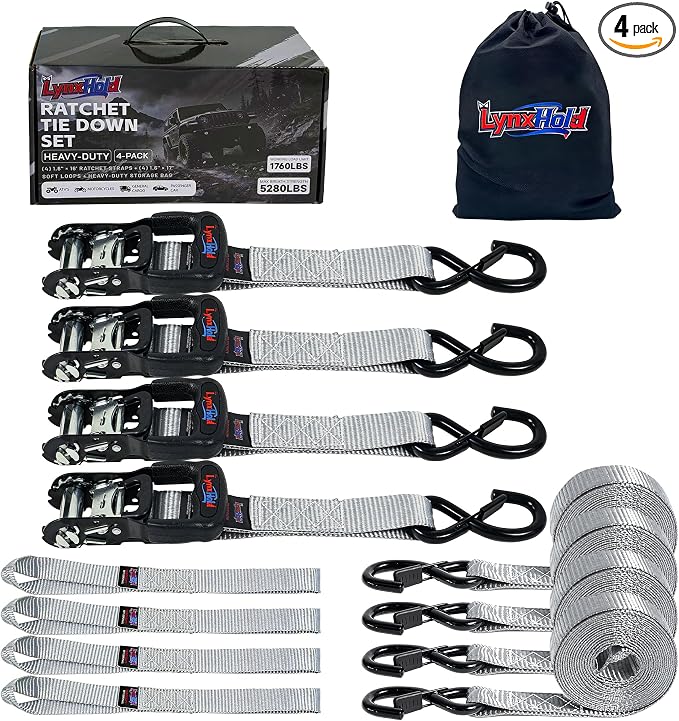 Ratchet Tie Down Straps, 5280lbs Break Strength, 1.6" x 16' Heavy Duty Ratchet Tie Down Strap Set with Padded Handles, Coated S Hook, Soft Loop for Trucks, ATV, UTV, Motorcycle, Cargo & More - Gray