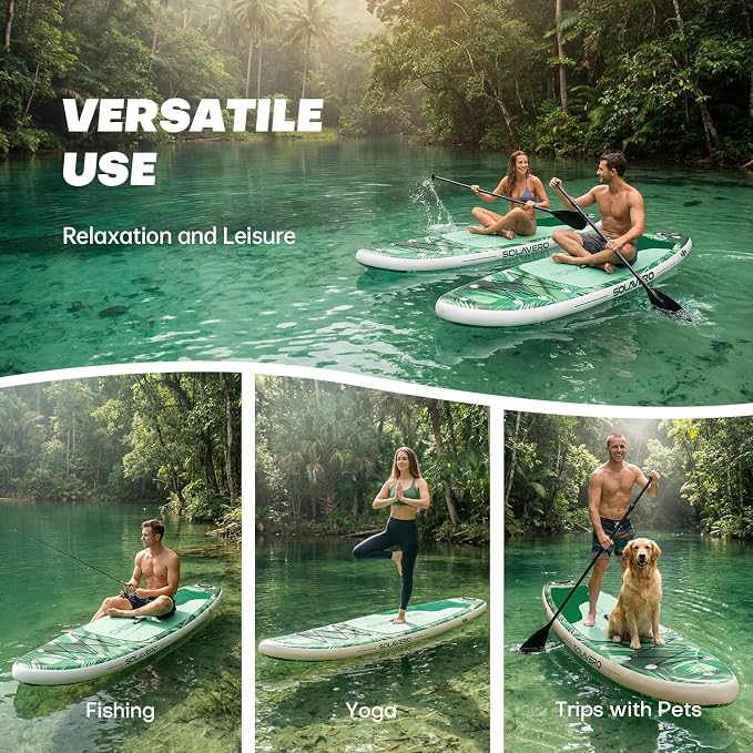 SOLAVERO Stand Up Paddle Board, 11‘ Inflatable SUP Supports 500LB - Wide Stable Board with Non-Slip EVA Deck for Adults & Youth of All Skill Levels