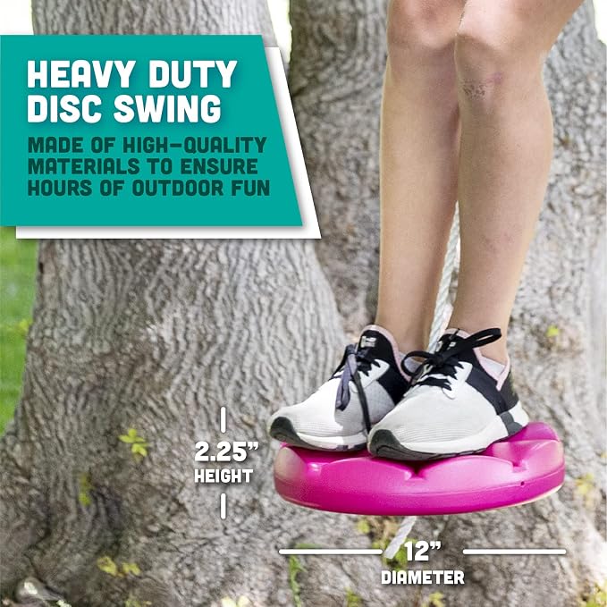 Squirrel Products Heavy Duty Pink Disc Tree Swing with Rope for Outdoor Play - Easy DIY Addition to Playset or Tree