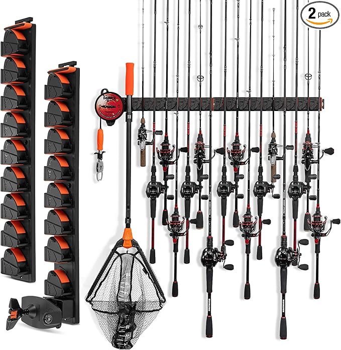 KastKing GravityLock Fishing Rod Holder, V8 & V9 2-Pack Wall Mounted Fishing Rod Rack, Holds up to 17 Fishing Rods or Combos, Universal Rod Storage System, Heavy-Duty Grip, Built-in Line Spooler
