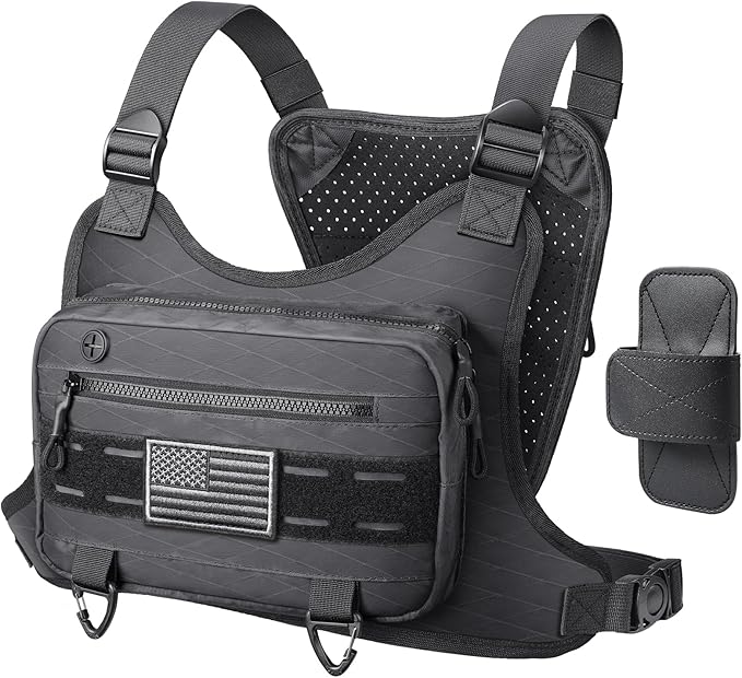 RXW Outdoor Sport Chest Rig for Men Women, Running Vest Bag with Pack Holster, Chest Pack Built in Phone Holder for Cycling, Camping,Travel, Hiking, Workouts, EDC（Black）