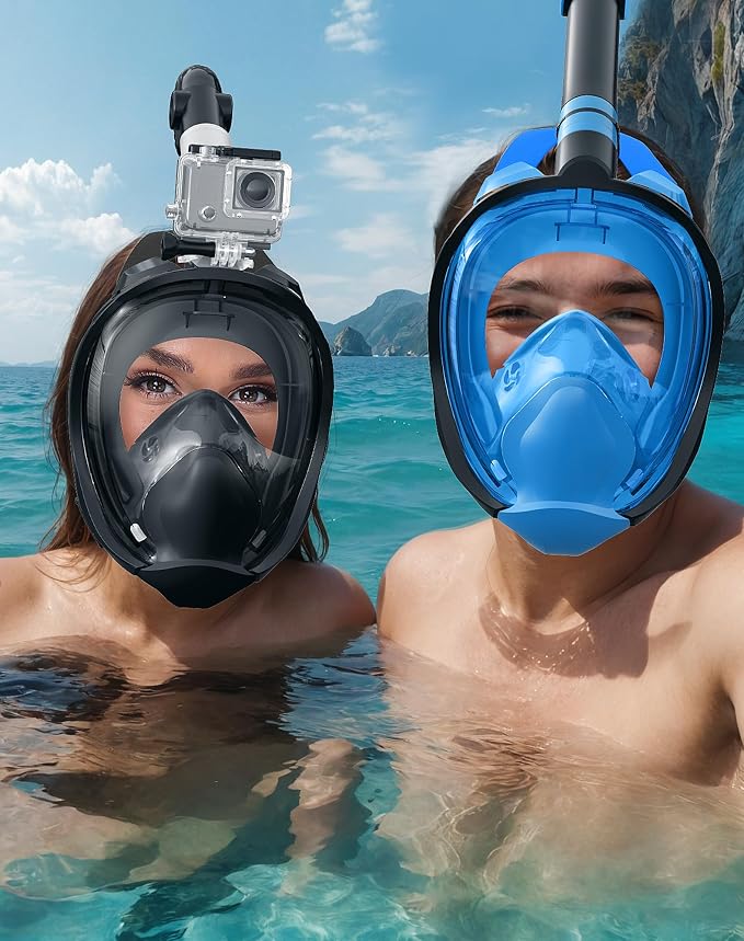 Full Face Snorkel Mask for Adults, 180° Panoramic Anti-Fog Snorkeling Gear with Dry Top System & Camera Mount, Foldable Anti-Leak Design for Travel, Swimming & Ocean Snorkeling