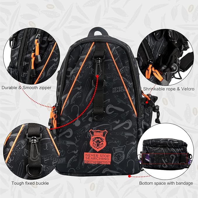 KINGDOM Fishing Tackle Storage Bag With Fishing lure Box, Water-Resistant Fishing Backpack with Rod Holder, Fishing Gear Bag