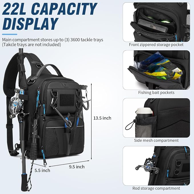 Fishing Bag with Tackle Boxes, Lightweight Fishing Sling Pack,Convertible Tackle Bag with Rod & Beverage Holder, Fishing Gear with Lures, Pliers, Lip Gripper, Fish Gifts for Men, Black
