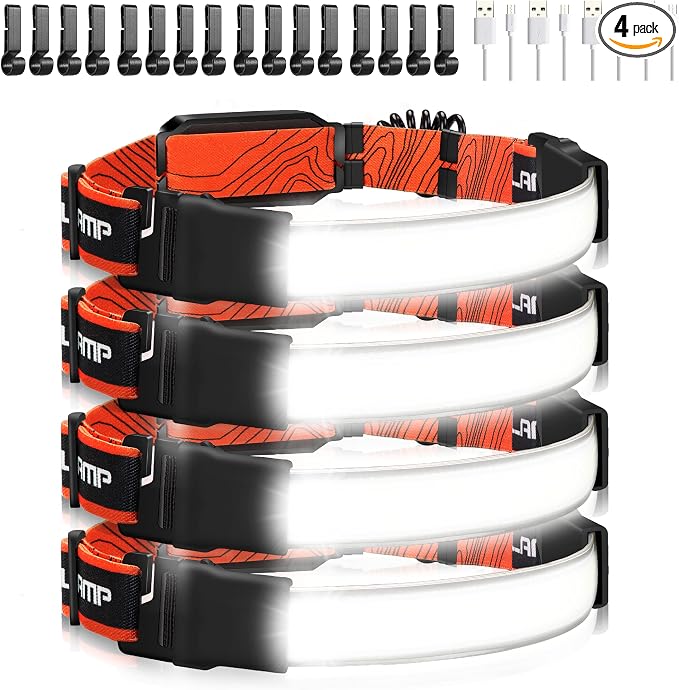 Hopedone 4-Pack Rechargeable Headlamp, 1000LM 230° Wide Beam Head Lamp with Red Rear Light, 3 Front and 3 Rear Modes, Lightweight Hard Hat Light for Running, Dog Walking, Cycling and Work