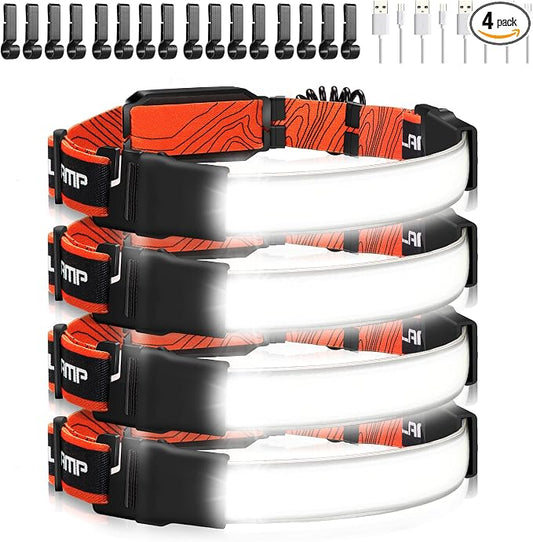 Hopedone 4-Pack Rechargeable Headlamp, 1000LM 230° Wide Beam Head Lamp with Red Rear Light, 3 Front and 3 Rear Modes, Lightweight Hard Hat Light for Running, Dog Walking, Cycling and Work