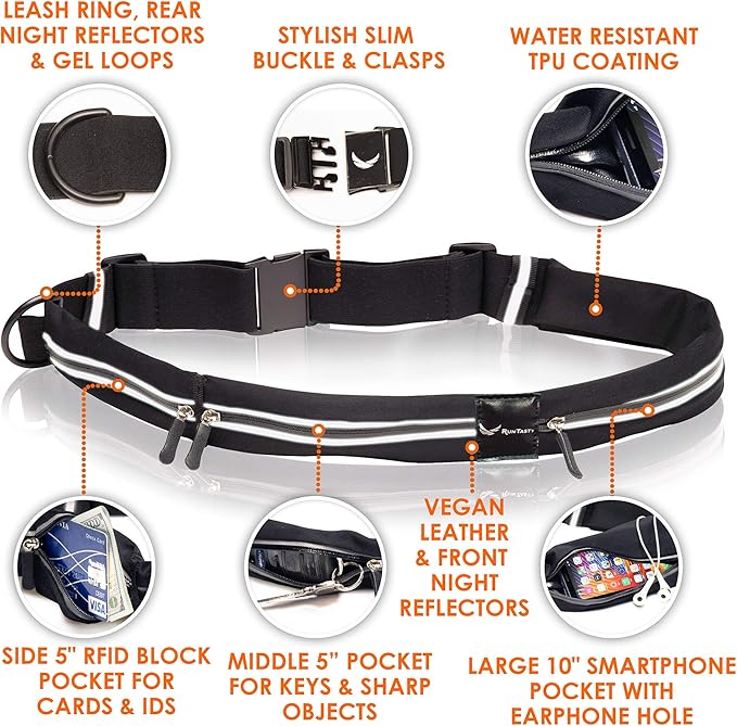 Ultimate 3-Pocket Runners Fanny Pack w/RFID Sleeve – Fits iPhone & Android – No Bounce, Water-Resistant, Sleek & Secure Running Belt for Fitness, Travel & Active Lifestyles