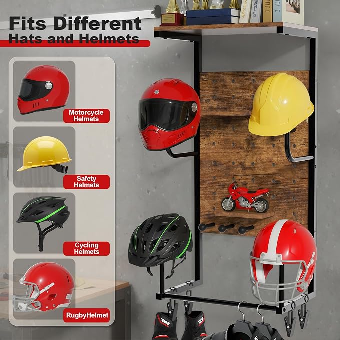 Helmet Holder Wall Mount, Motorcycle Helmet Stand, Motorcycle Accessories Display, Wall-Mounted Helmet Storage Rack with 4 Glove Clips