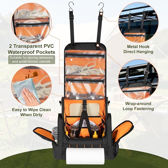 Large Camp Kitchen Organizer with Paper Towel Holder,Hanging Camping Storage Organizers with Metal Hook, Camping Utensil Bag for BBQ Cooking Essentials, With a Canvas Bag for Picnic Pot, Black